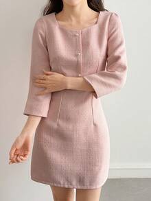 DAZY A字型连衣裙，方领七分袖，优雅粗花呢连衣裙，女士吊带裙 - 粉色 - 查看 3