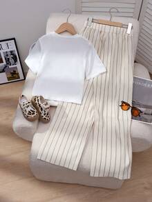 Tween Girl Leopard Print & Cherry Graphic Crew Neck Short Sleeve Casual T-Shirt Set, Summer