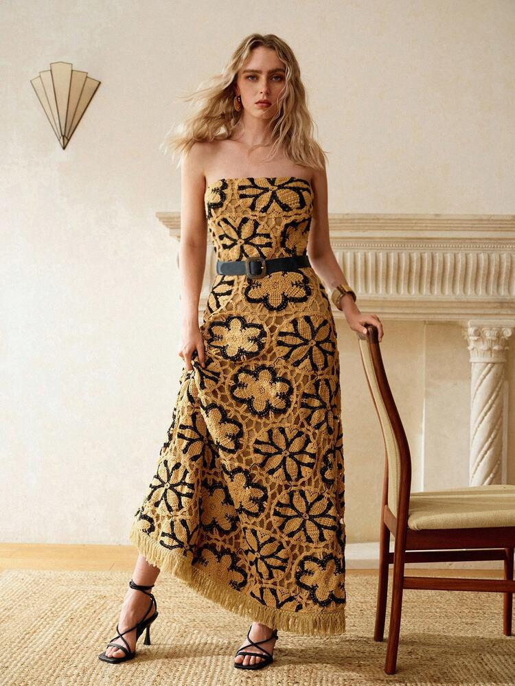 VESTIDO LONGO ELEGANTE DE CROCHÊ FLORAL FEMININO