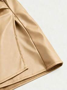 Sweetra Falda A-Line plisada asimétrica de cuero sintético PU, cintura alta, elegante, para otoño/invierno - Caqui - Ver 3