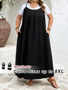 SHEIN CURVE+ 加大码/情人节/大码女式纯色露背度假风宽松舒适连衣裙，沙滩裙，太阳裙，波西米亚风连衣裙 - 黑色 - 查看 1