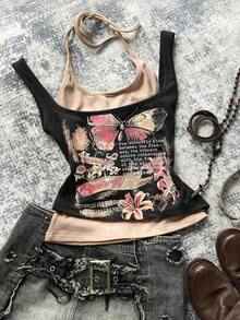 Glimmora Women's Sleeveless Butterfly Pattern Halter Neck Top - Multicolor - View 1