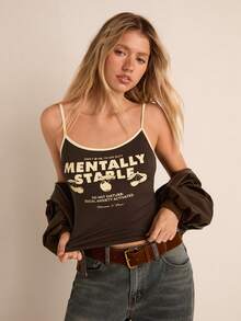Easelle Camiseta de tirantes casual y versátil con estampado de eslogan y cerezas para mujer - Marrón - Ver 1