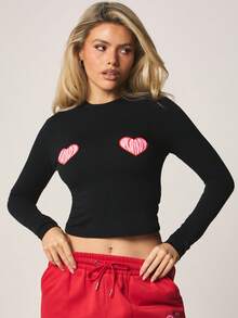 Missguided x Playboy 心形印花长袖露脐上衣，圆领设计，适合情人节和休闲场合穿着 - 黑色 - 查看 1