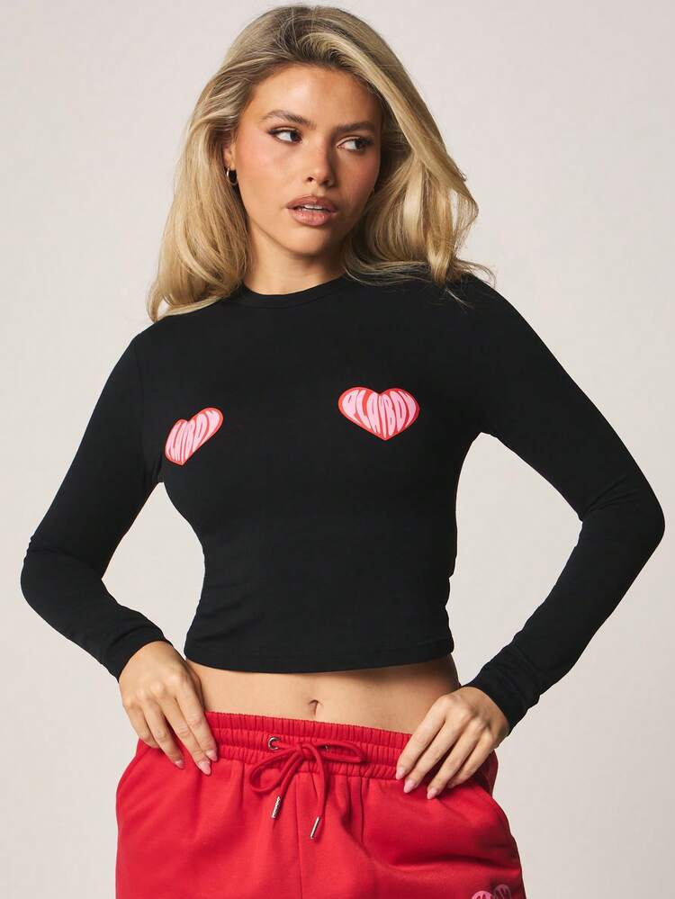 Missguided x Playboy Heart Print Long Sleeve Cropped Top With Round Neckline For Valentine's Day And Casual Occasions