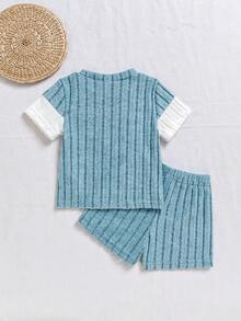 Souflis Souflis 2pcs Baby Boy Ribbed Colorblock Blue & White Top With Pants Set,Casual Summer Outfit For Toddler Boy,Knitted Beach Wear,Comfortable Two Piece Set - Multicolor - View 4