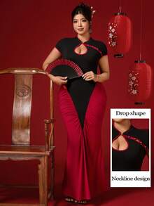 Elenzga Đầm dài cổ đứng khoét nút kiểu Trung Hoa thanh lịch gợi cảm cỡ lớn cho nữ cỡ lớn - Nhiều màu - Xem 1