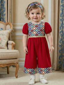 SHEIN Bộ đồ liền thân tay ngắn cổ tròn xếp nếp họa tiết chắp vá cho bé gái, Xuân/Hè - Màu Đỏ Sâu - Xem 9