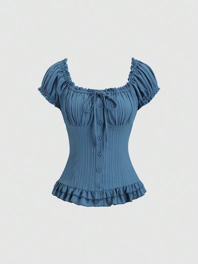 Sweetra Women's Summer Solid Color Ruffle Hem Tie Waist Short Sleeve Blouse