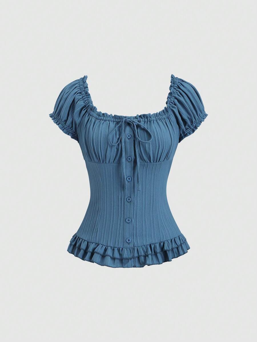 Sweetra Women's Summer Solid Color Ruffle Hem Tie Waist Short Sleeve Blouse - Teal Blue - View 1