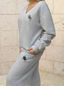 Cioccolato 2pcs/Set Women Oversize V-Neck Fluffy Knit Elastic Loose Sweatshirt And Sweatpants, Small Logo Print, Casual Suit For Autumn/Winter Back To School - Multicolor - View 6