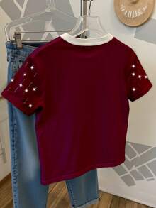 Resyla Áo thun nữ tay ngắn cổ tròn, đính sequin và nơ lấp lánh, kiểu dáng thường ngày, thích hợp làm quà tặng cho bạn bè. - Màu Đỏ Sâu - Xem 2