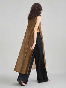 Ontre 2026 Sheer, Graduation, 2025 New Style, Summer Women's , Autumn Women's , Urban Style Round Neck Sleeveless Semi-Sheer Top With Side Button Long Blouse, Fashion Daily Business Casual Women's Beach , All Season Ins Celebrity Same Style Vacation Style, Exotic Atmosphere, Country Concert, Western Style , High-Grade Fabric, Comfortable And Breathable Bohemian Style Vacation Wear - Brown - View 2