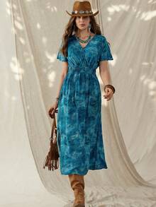 Wildy 休闲美式西部乡村复古图案女式V领短袖长裙，适合春夏日常穿着、通勤和户外活动 - 藍色 - 查看 5