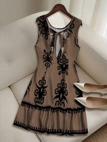 GlowEve Women's Summer Woven Sleeveless Round Neck Backless Tie-Up Floral Print Patchwork Ruffle Hem Short Dress, Random Print - Multicolor - View 2