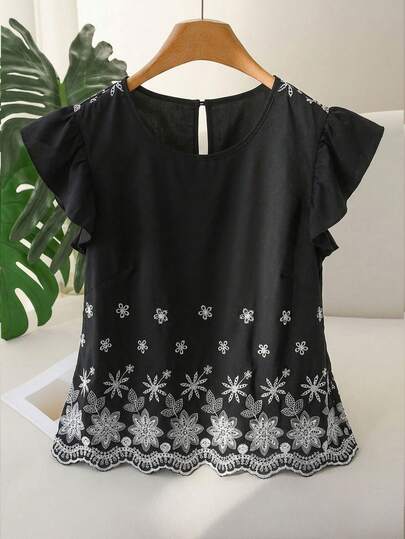 CosyJoli Plus Size Women Comfortable Flared Sleeve Embroidered Hem Blouse, White Casual Shirt For Commuting, Dating, Vacation, Spring/Summer