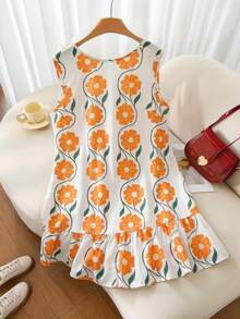 SHEIN Frenchy Plus Size Floral Print Backless Tie-Front Sleeveless Dress - Orange - View 5