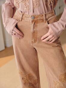 Anewsta Women's Elegant Sexy Romantic High Waist Fashionable Embroidered Hollow Out Loose Wide Leg Blue Pants - Brown - View 4