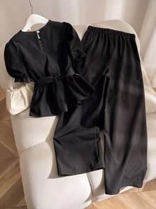 Elladie kids Set de 2 piezas de ropa casual para niñas, incluye blusa de cuello redondo con estampado de cuadros y cinturón en la cintura, y pantalones rectos, versátil y de moda para el verano - Negro - Ver 2