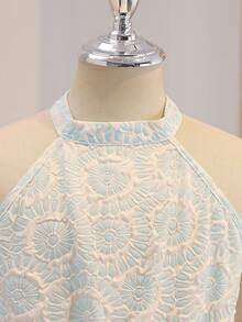 Tween Girl Embossed Bow Back Sleeveless Elegant Dress Jacquard Dresses Preteen Light Blue Floral Dress Halter Dress For Girl Tween Girls Elegant Dress Kids Jacquard Dresses Light Blue Flower Girl Dress Light Blue Party Dress - Blue - View 4