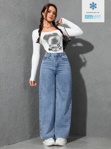 SHEIN ICON 纯色斜插口袋休闲百搭阔腿牛仔裤 - 淺色水洗藍 - 查看 3