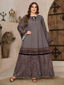 SHEIN Najma 大码女式V领系腰印花优雅阿拉伯风格长袖连衣裙，春季 - 彩色 - 查看 3