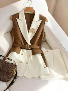 Elenzga 大码女式极简通勤背心短裤两件套，春夏款