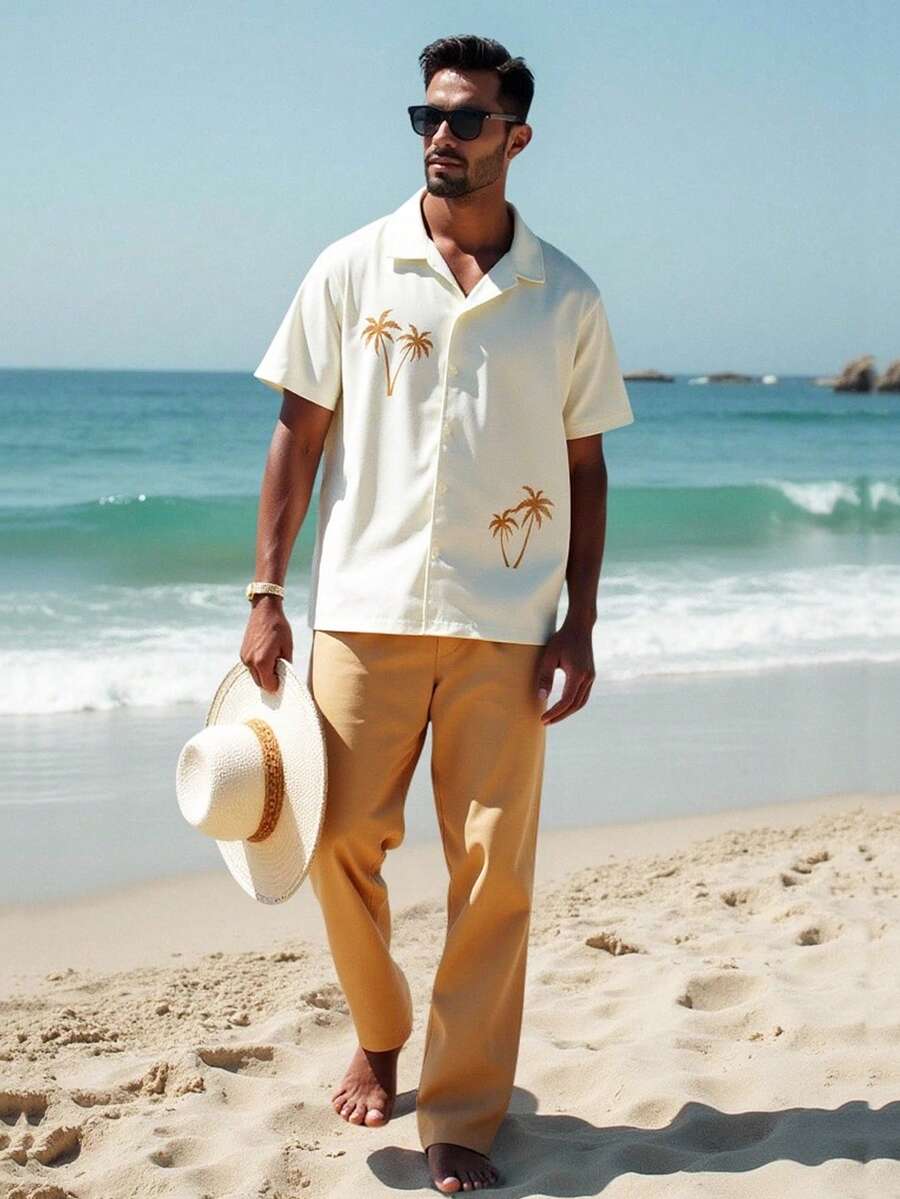 HIMLAND Conjunto de camisa y pantalones casuales de vacaciones para hombres con estampado de árboles de coco