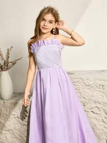 Elegant Organza & Contrast Lace Spaghetti Strap Ruffle Hem Midi Dress For Tween Girl, Suitable For Flower Girl, Wedding, Prom, Birthday Party, Banquet Light Purple Dress Formal Lilac Flower Girl Dress Tween Bridesmaid Dress - Purple - View 7
