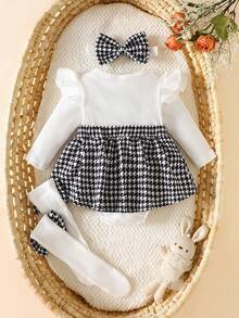 SHEIN Neugeborenen Kinder Baby beige Pit gestreifter karierter Langarm-Bodysuit kombiniert mit Stirnband und Socken in der gleichen Farbe. Herbst- und Winterkollektion, neues Material, bequemer Stil, elegant und süß - Weiss - Übersicht 2