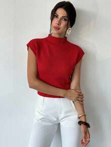 Firerie 优雅高领宽松休闲百搭无袖针织背心，适合外出穿着，秋冬季校园上衣 - 紅色 - 查看 5