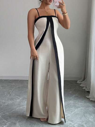 Elenzga Plus Size Contrast Color Casual Jumpsuit For Women