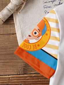 Blippi X SHEIN Young Boy Summer Casual Patchwork Striped Cartoon Pattern Round Neck Short Sleeve T-Shirt - White - View 3