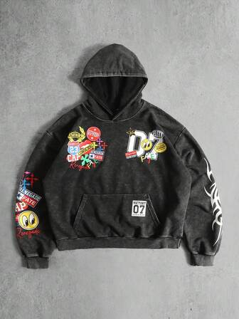 Men's Vintage Washed Graphic Print Hoodie, Streetwear Retro Style