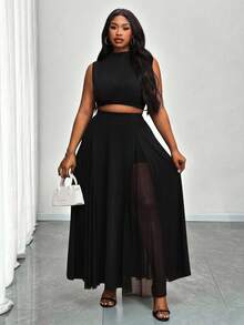 Truni 大码女装时尚优雅性感透视两件套，适合2026年新年约会和派对，梨形和三角形身材曲线优美，吊带背心和半身裙套装，Maweii大码两件套，大码曲线两件套服装，夏季必备 - 黑色 - 查看 6