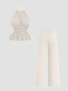 Sweetra 2pcs Set Solid Color Sleeveless Crop Top And Skinny Pants, Sexy Style - Apricot - View 2