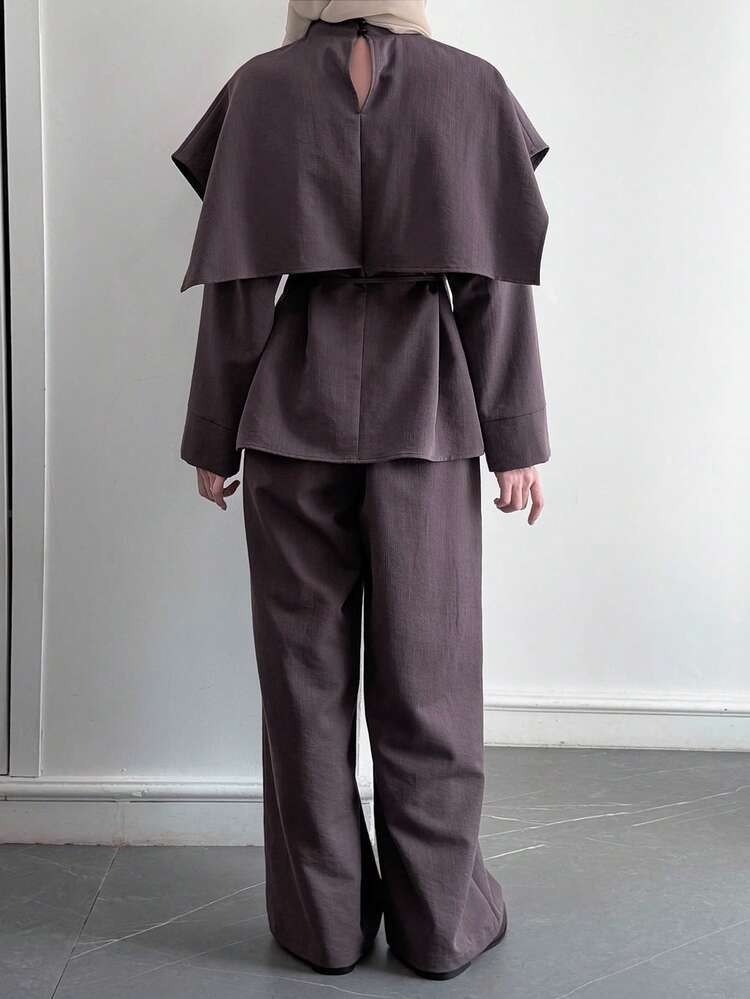 2pcs Women Casual Solid Color Long Sleeve Top And Pants Set, Autumn