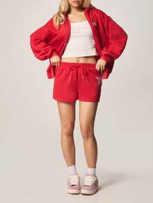 Missguided x Playboy 女士抽绳运动短裤，印花图案，侧边口袋，休闲居家服，夏季运动服 - 紅色 - 查看 3