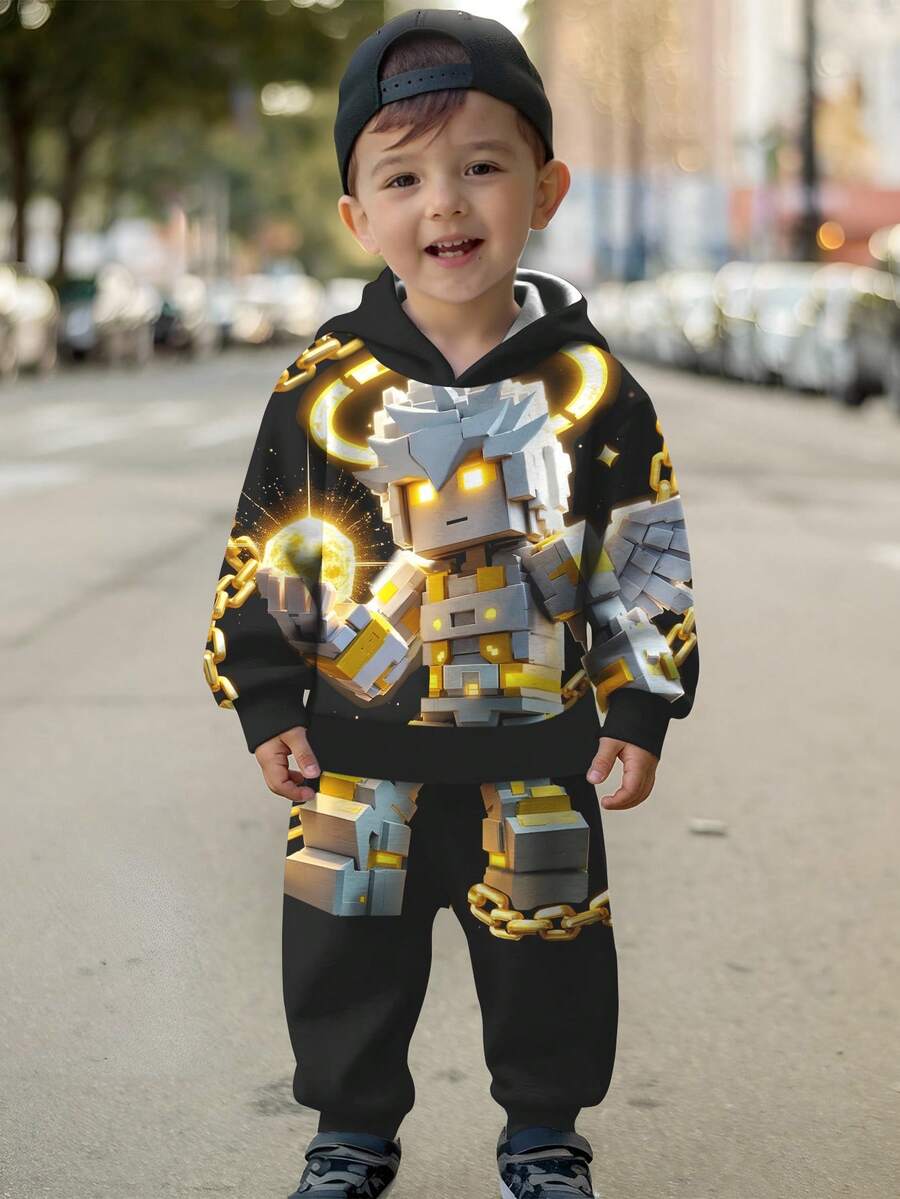 SHEIN 男童像素机器人连帽衫和裤子套装-秋季酷炫时尚金色风-男童运动休闲连帽两件套-流行儿童外套 - 彩色 - 查看 1