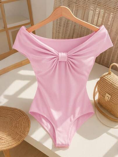 Franclia Women's Fashion Off-Shoulder Front Knot Ruched Bodysuit