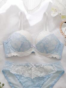 DelicateAllure 2pcs Contrast Color Floral Lace Patchwork Comfy Balconette Bra Set With Bow, Supportive & Comfortable Women Lingerie Set - Blue - View 6