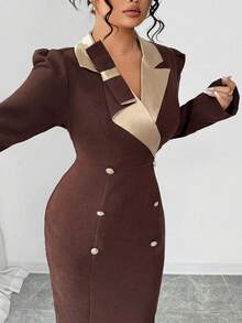 Elenzga Robe maxi à manches longues, col en V, blocs de couleurs, nœud papillon à la taille, fente haute, manches plissées, double boutonnage, en champagne. Élégante et polyvalente pour le travail. - Tabac - Voir 3