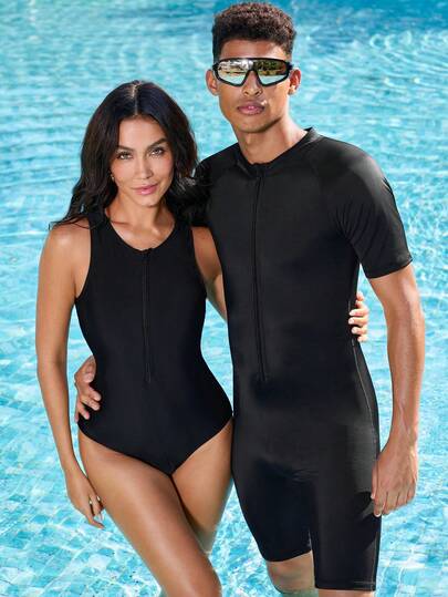 Manfinity VDAYZ Men's Couple One-Piece Swimsuits, Suitable For Water Sports, Beach Vacations, Couple Beachwear, Summer Beach Vacations, Beach Parties, Men's Swimwear, Beach Sets, Men's Holiday Sets, Valentine's Day Sets, Summer Sets, Men's Valentine's Day Sets. Men's Fashion Beach Couple Shorts, Men's Solid Color Raglan Sleeve Zipper Front Casual Jumpsuit Swimsuit Couple Swimwear Couples Bathing Suit Sets Couples Swim Sets Couple Bathing Suit Set Black Swimwear