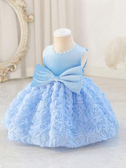 Glamorique Kids 女婴3D玫瑰刺绣连衣裙，圣诞节和万圣节主题，饰有蝴蝶结和串珠，适合儿童派对和表演穿着