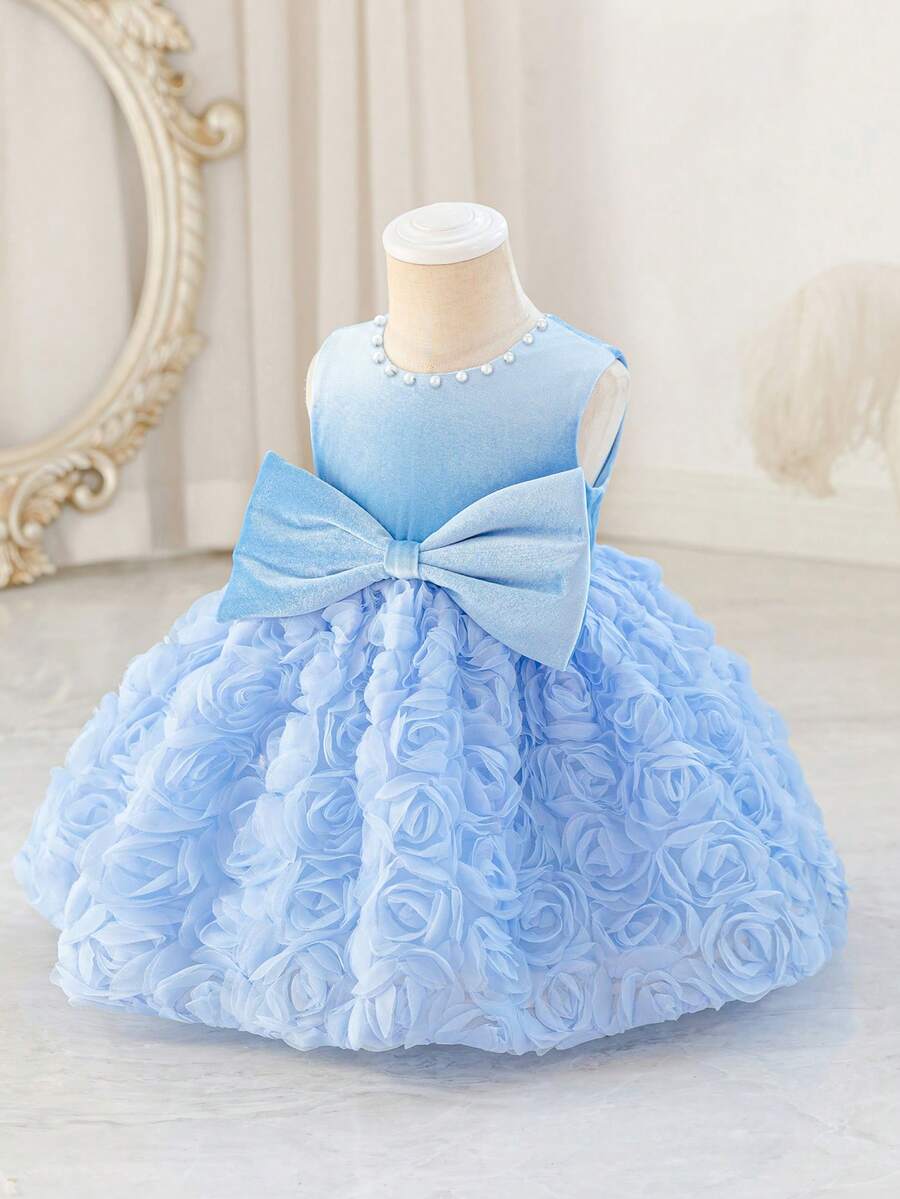 Glamorique Kids 女婴3D玫瑰刺绣连衣裙,圣诞节和万圣节主题,饰有蝴蝶结和串珠,适合女婴参加派对和表演。 - 藍色 - 查看 1