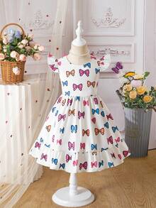 SHEIN Girls Elegant White Summer Fairy Birthday Dress,Floral Print Round Neck Flutter Sleeve Hollow Back Bow Decor Waist Ruffle Hem Casual Fashionable - Pink - View 2