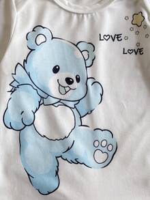 3pcs/Set Newborn Baby Cute Cartoon Bear, Star, Moon, Cloud Print Long Sleeve Romper, Bib, Hat, Infant Jumpsuit Outfit - White - View 4