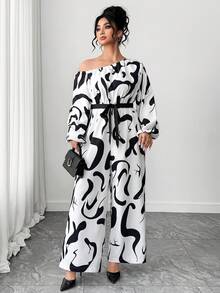 SHEIN Elenzya Plus Size Contrast Color Print Asymmetric Shoulder Jumpsuit - Black and White - View 1