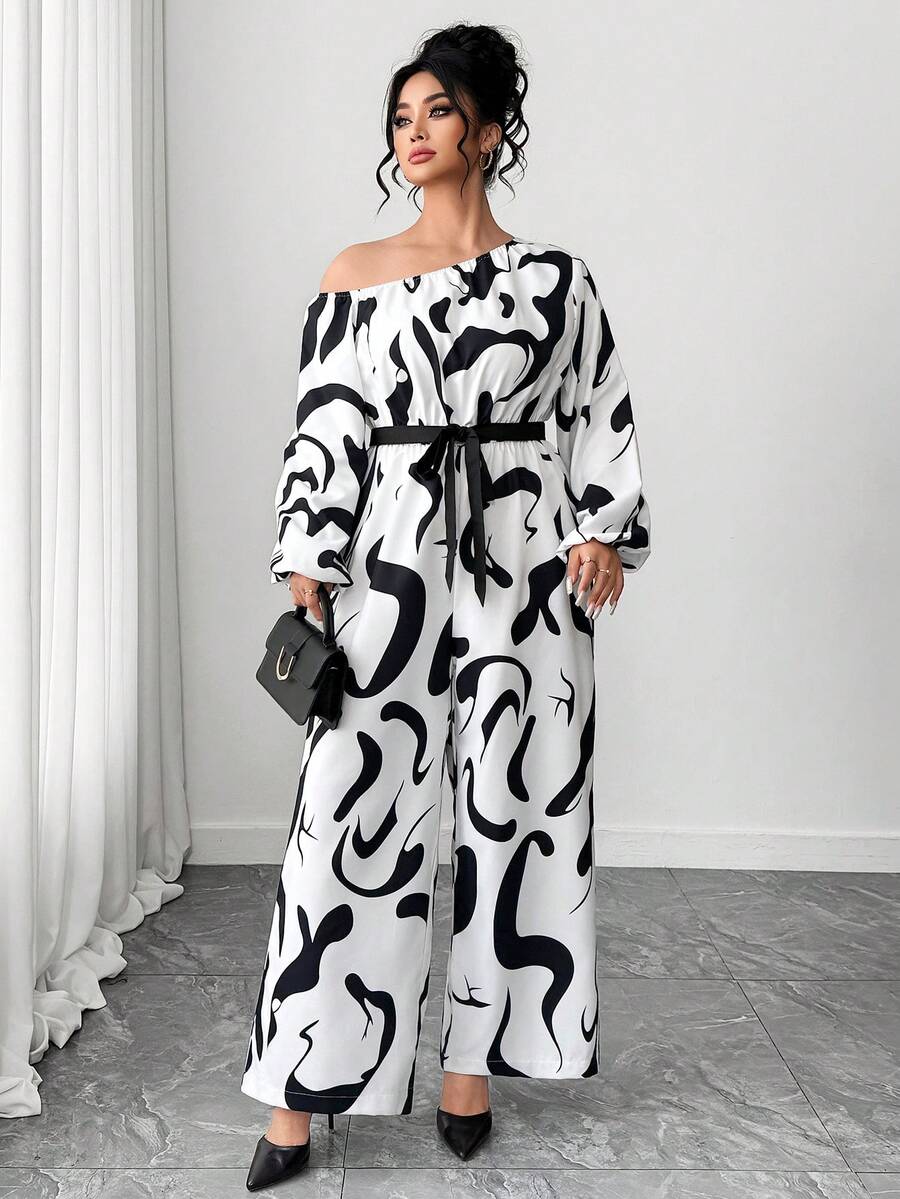 SHEIN Elenzya Plus Size Contrast Color Print Asymmetric Shoulder Jumpsuit - Black and White - View 1