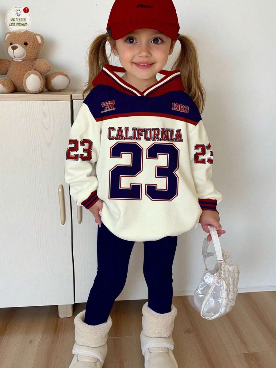 SHEIN 两件套少女休闲复古字母数字徽章图案连帽衫和打底裤套装，运动学院风，适合秋冬季穿着 - 彩色 - 查看 1